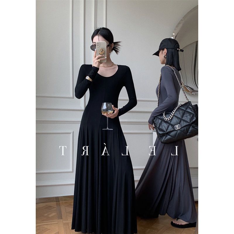 Cold style super long style big swing temperament long-sleeved dress women's autumn French high-end sense waist slim dress