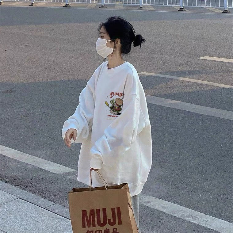 美式復古印花落肩衛衣女春秋薄款ins潮牌寬鬆慵懶風chic港風上衣