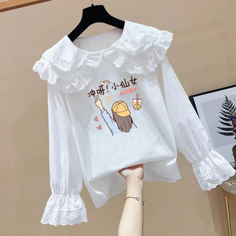 女童t恤2022秋季新款韩版童装洋气蕾丝翻领长袖白色娃娃衫上衣秋