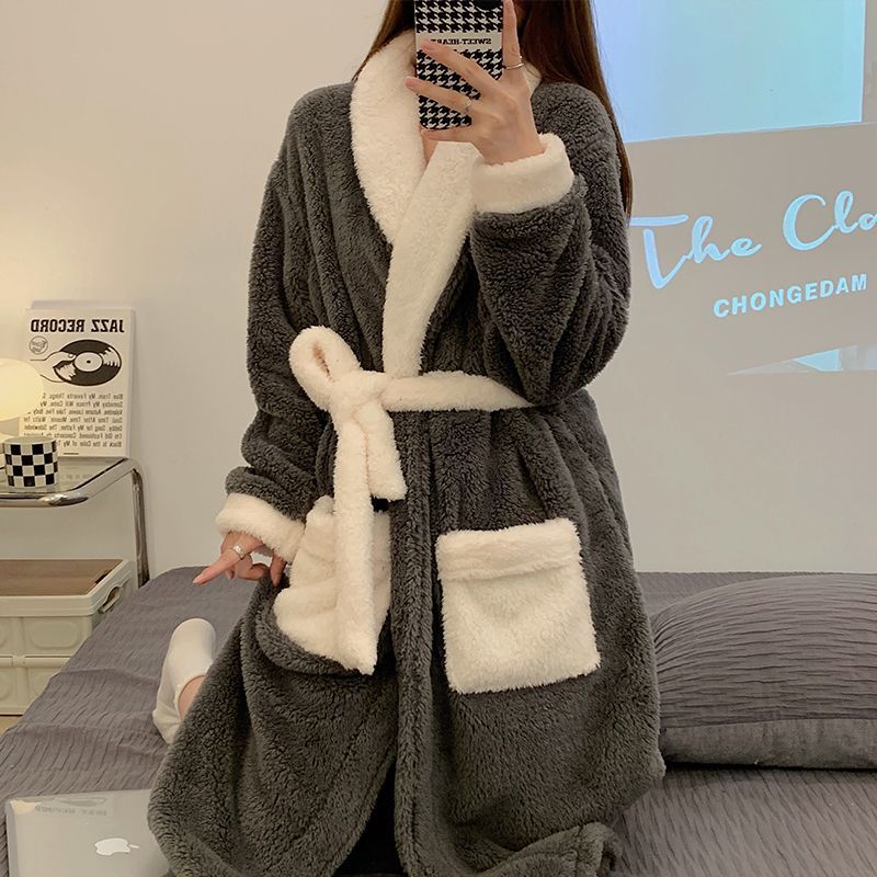 Thickened coral fleece bathrobe women's winter 2022 new nightgown long autumn and winter warm plush flannel pajamas