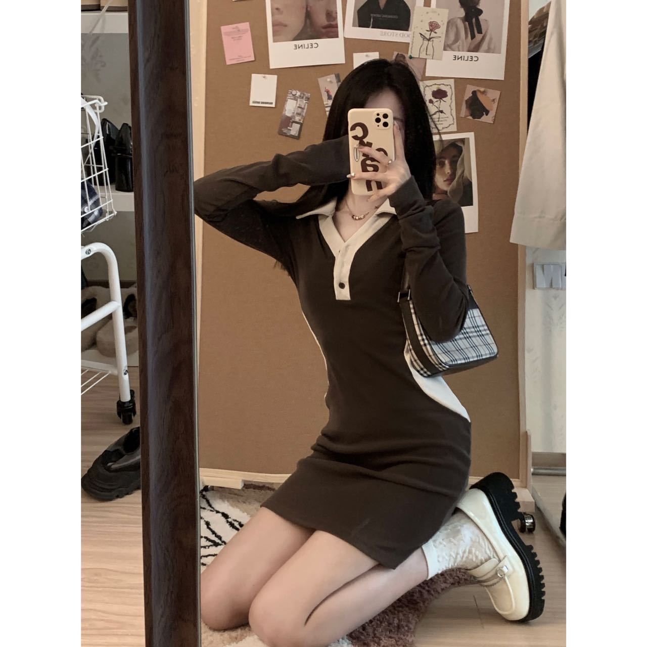 法式polo領辣妹連衣裙秋季新款女收腰顯瘦a字短裙小眾設計感裙子