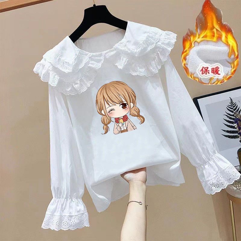 女童t恤2022秋季新款韩版童装洋气蕾丝翻领长袖白色娃娃衫上衣秋