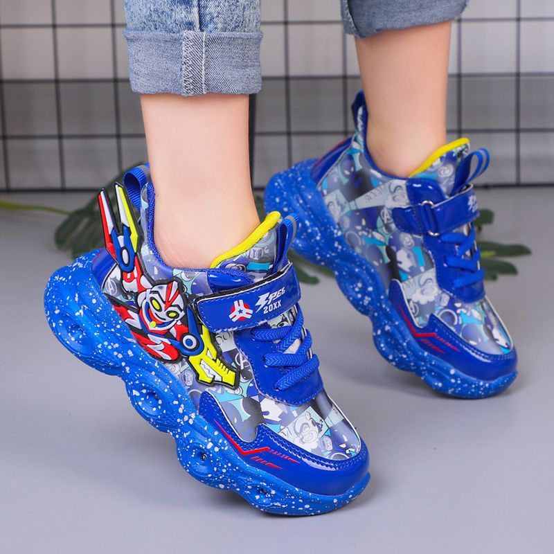 Cartoon children's sports shoes with lights 2023 spring and autumn new mesh surface breathable boys' shoes medium and big children's student running shoes