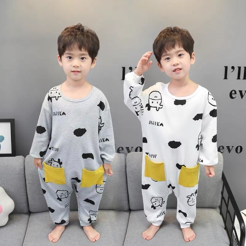 Boys' pajamas spring and autumn pure cotton long-sleeved thin section children's snap button anti-kick girl baby jumpsuit home clothes