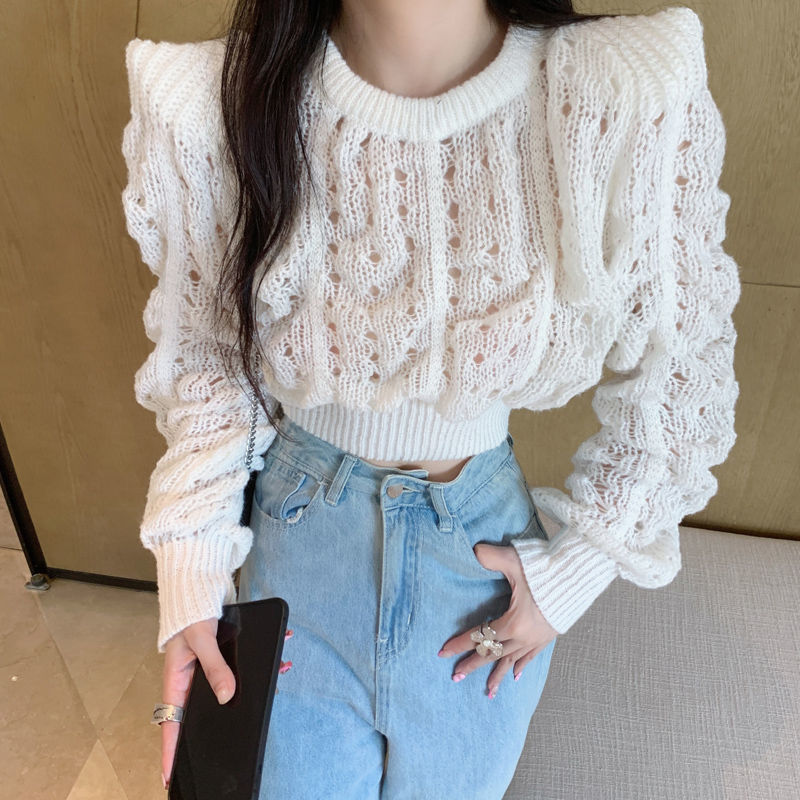  autumn and winter new soft waxy hollow right-angle shoulder twist thin section sweater top women's long-sleeved loose sweater