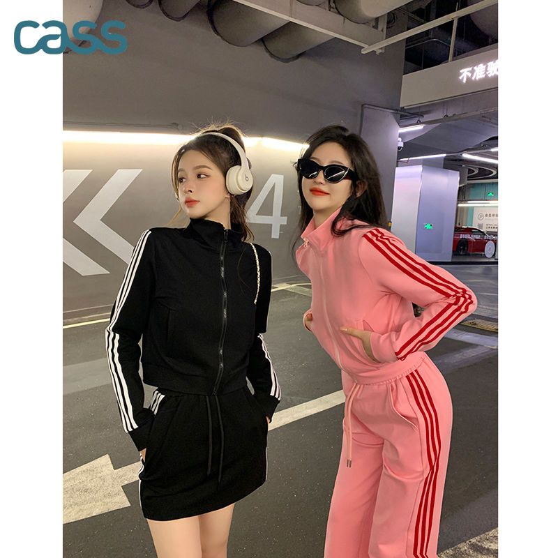 CASS美式辣妹運動風長袖衛衣外套半身短裙女早秋2022新款閨蜜套裝