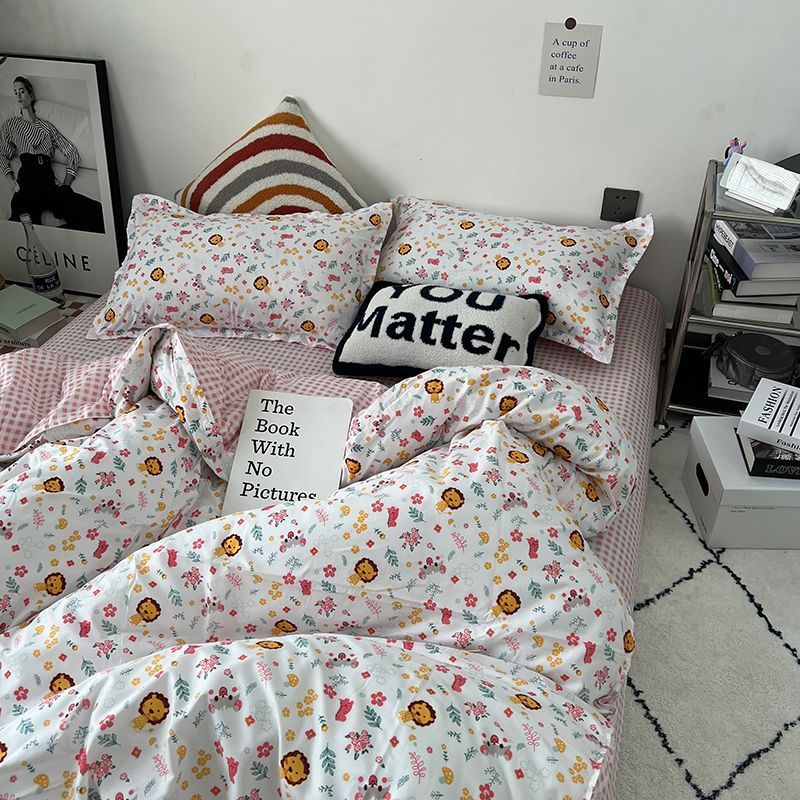 Cartoon oil painting style cherry bear quilt cover four-piece set bedding single student dormitory bed sheet three-piece set