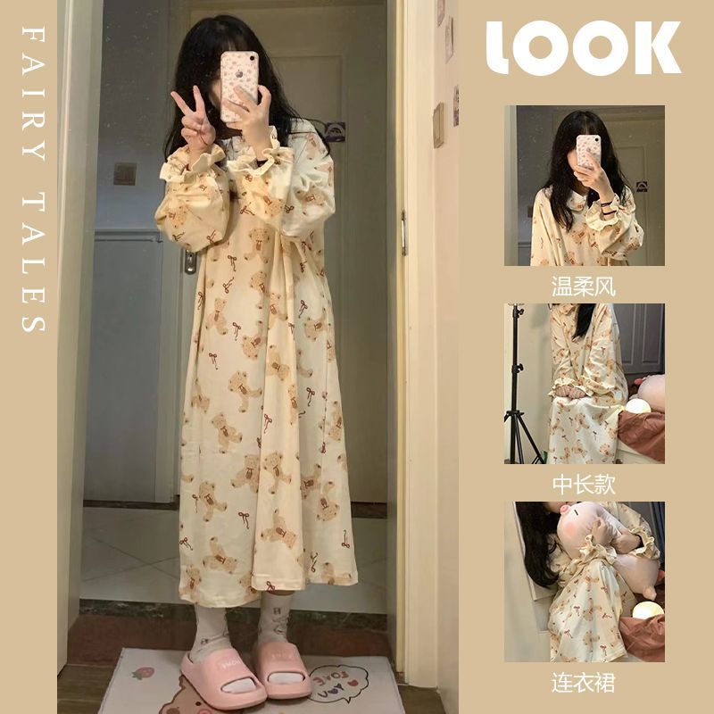 Japanese ins long-sleeved nightdress female spring and autumn new cute bear sweet student loose home service dress