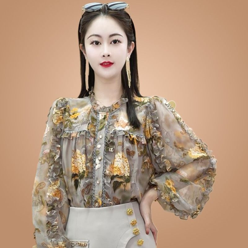 大碼女裝碎花襯衫春秋2023新款時尚寬鬆氣質漂亮修身顯瘦百搭上衣