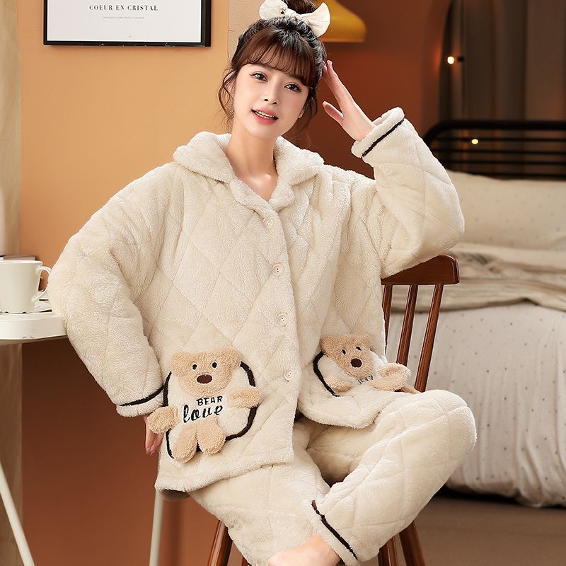 睡衣女珊瑚绒夹棉冬季保暖三层加绒加厚韩版甜美女学生家居服套装