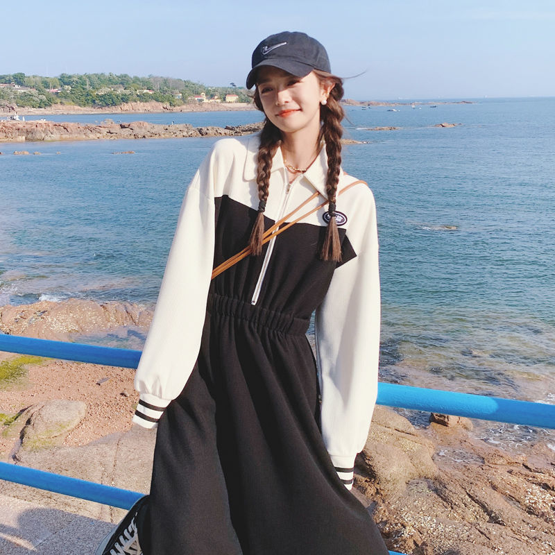 Splicing and contrasting color POLO collar sweater dress fat MM extra large size 300 catties spring and autumn loose waist slimming dress