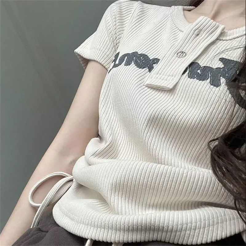 Hong Kong style hot girl simple all-match T-shirt female INS super hot retro slim top