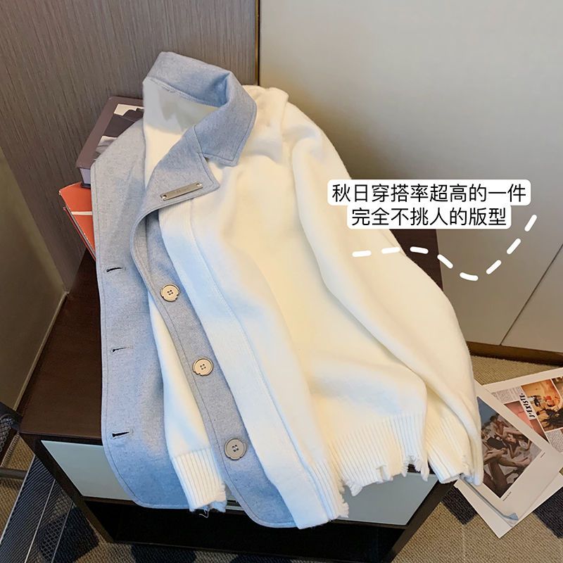 設計感別致拼接假兩件針織開衫女秋2023新款休閒百搭長袖毛衣外套