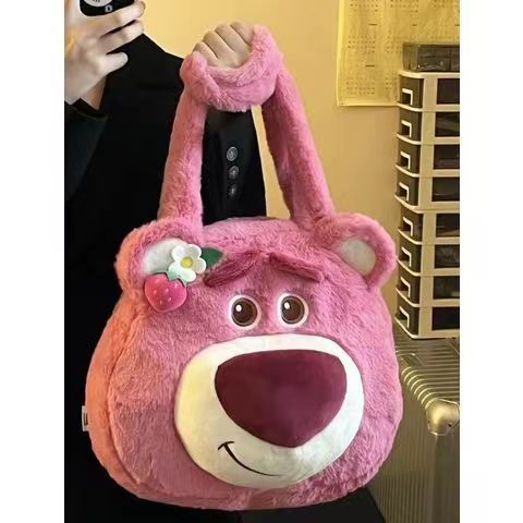 2023 new strawberry bear plush bag female large capacity tote bag cute college student school bag commuting bag
