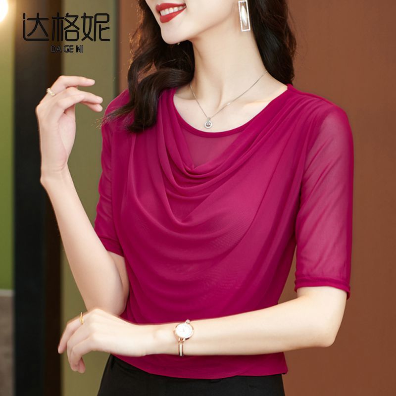 早秋上衣女外穿洋氣性感紗衣中袖女T恤修身顯瘦網紗舞蹈服媽媽裝