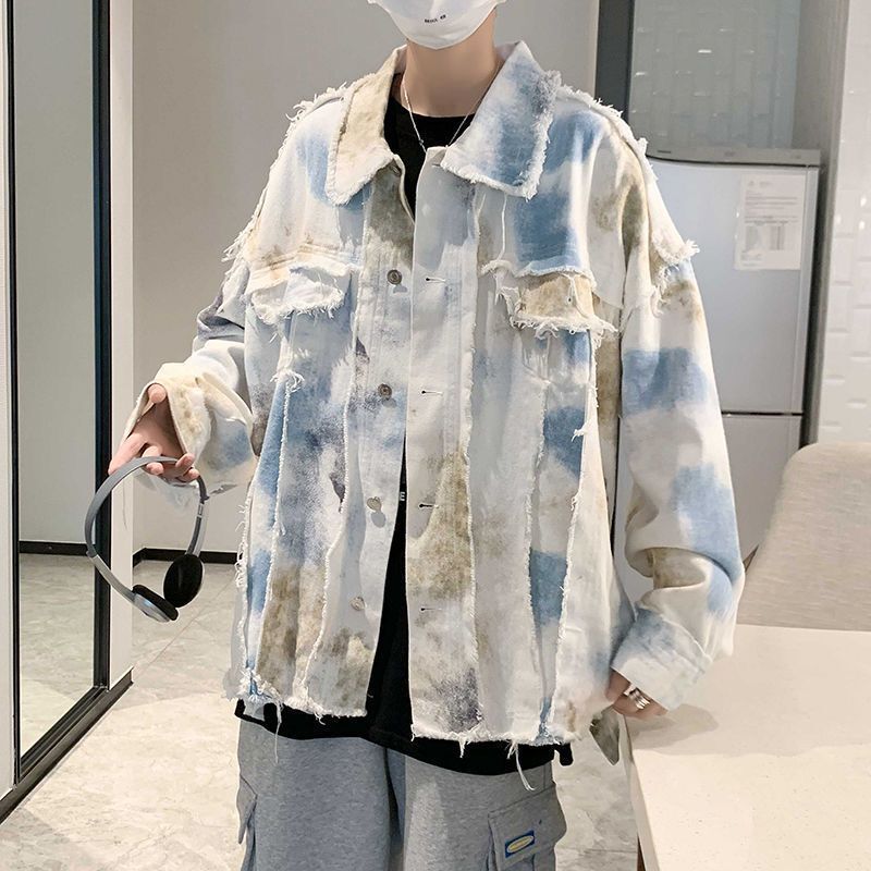 Tooling denim jacket men's spring and autumn ins trendy brand loose large size color matching jacket Hong Kong style casual all-match top
