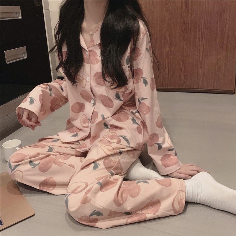 Pajamas women's spring, autumn and winter 2022 new cardigan loose large size student ins wind long-sleeved cute home service suit