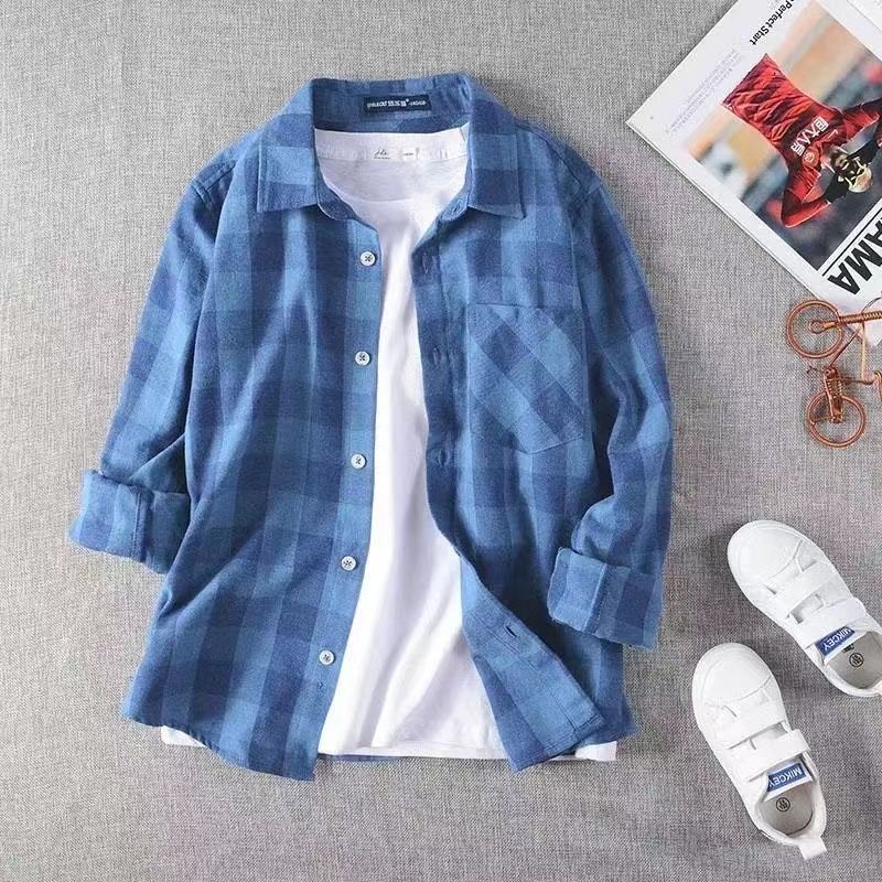 Boys plaid shirt 2023 new spring and autumn long-sleeved shirt cotton casual fashion trendy coat for big boys