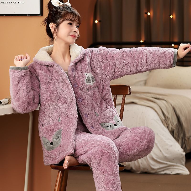 睡衣女珊瑚绒夹棉冬季保暖三层加绒加厚韩版甜美女学生家居服套装
