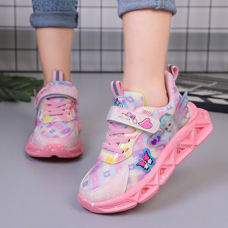 Girls shoes with light 2023 spring and autumn new children's sports shoes mesh breathable little girl Aisha casual shoes