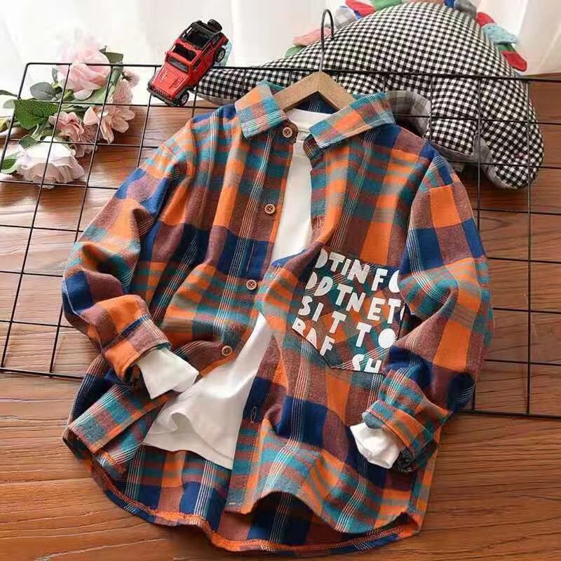 Boys plaid shirt 2023 new spring and autumn long-sleeved shirt cotton casual fashion trendy coat for big boys