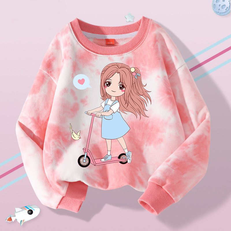 Girls Thin Sweatshirt Spring and Autumn New Fashionable Tie-Dye Autumn Clothing for Girls, Middle and Large Children, Round Neck Long Sleeve Bottoming Shirt