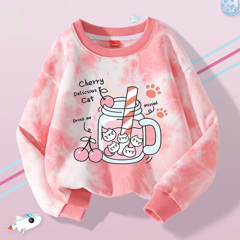 Girls Thin Sweatshirt Spring and Autumn New Fashionable Tie-Dye Autumn Clothing for Girls, Middle and Large Children, Round Neck Long Sleeve Bottoming Shirt