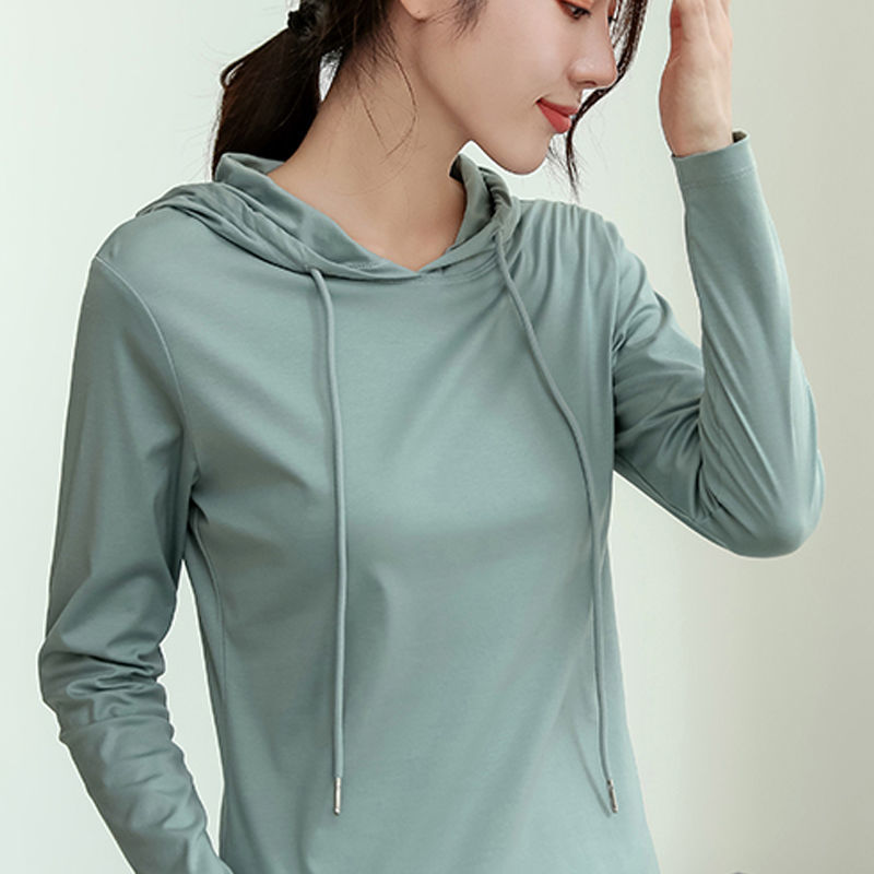 80 pieces double-sided mercerized cotton hooded slim bottoming shirt women's long-sleeved t-shirt pure cotton top pullover with hood for autumn wear