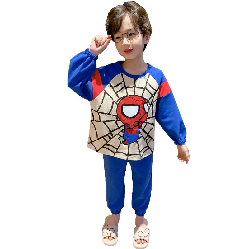 Boys' pajamas pure cotton long-sleeved medium and large children's cartoon cotton autumn children's pajamas boys home clothes set