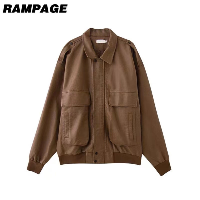 Rampage美式新款男女同款夹克工装翻领牛仔外套情侣百搭休闲皮衣