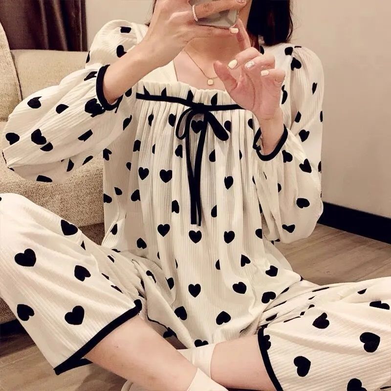 2022年新款春秋季長袖甜美居家簡約印花韓版家居服兩件套可外穿