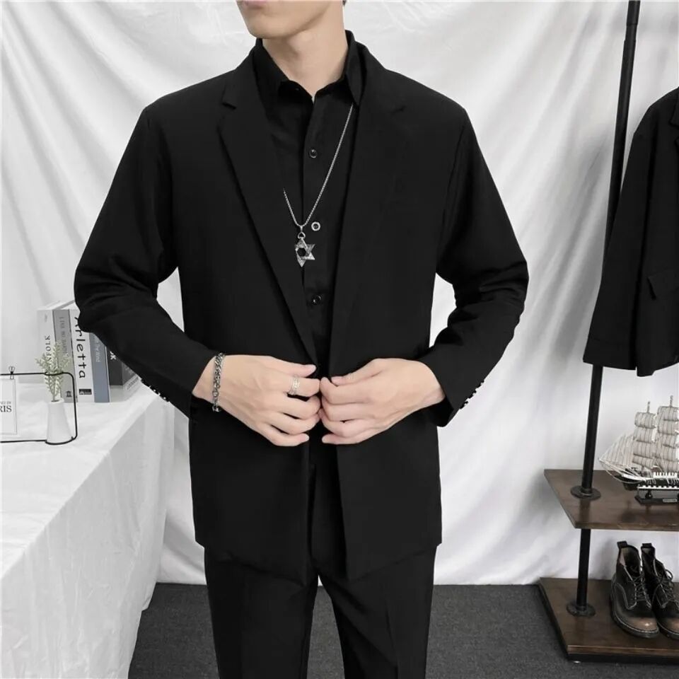 Abstinence Department Black Suit Set Spring and Autumn Men's Suit Jacket Korean Style Loose Handsome All-Match Casual Tops