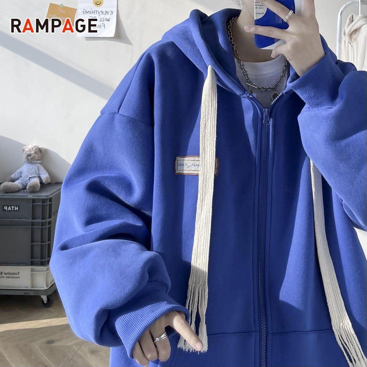 RAMPAGE 克莱因蓝开衫男卫衣外套秋季2022新款潮流韩版宽松ins潮
