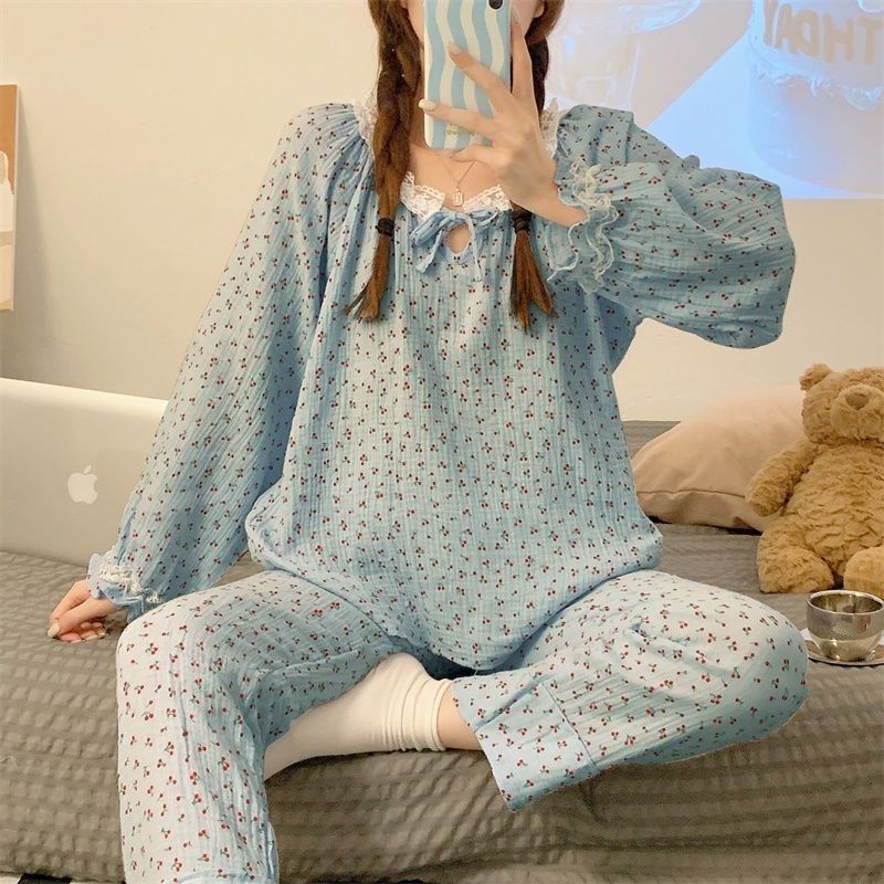 睡衣女秋季2022新款棉質長袖長褲甜美可愛學生ins風家居服兩件套