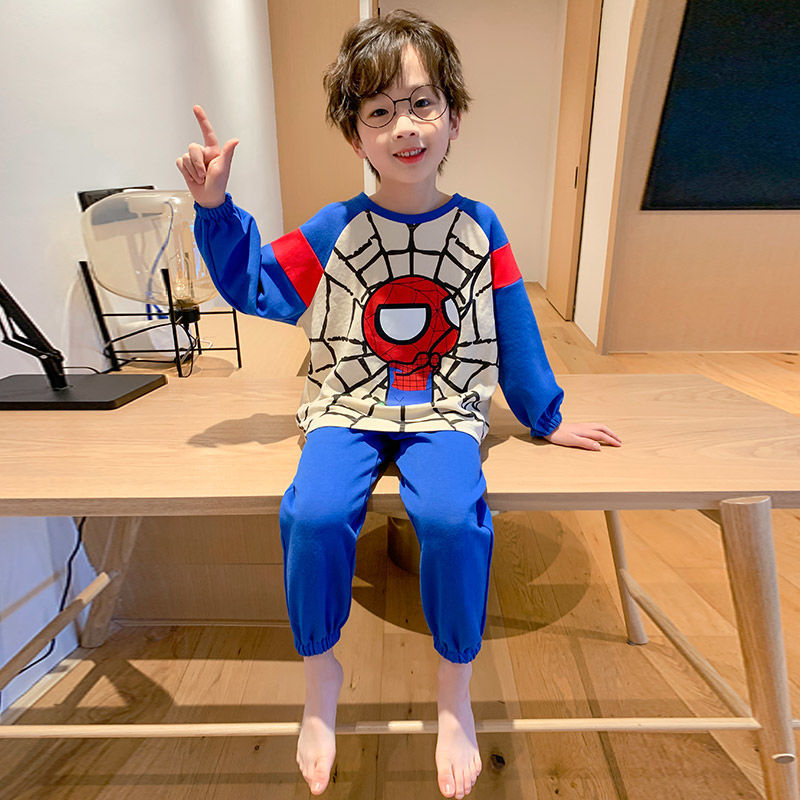 Boys' pajamas pure cotton long-sleeved medium and large children's cartoon cotton autumn children's pajamas boys home clothes set