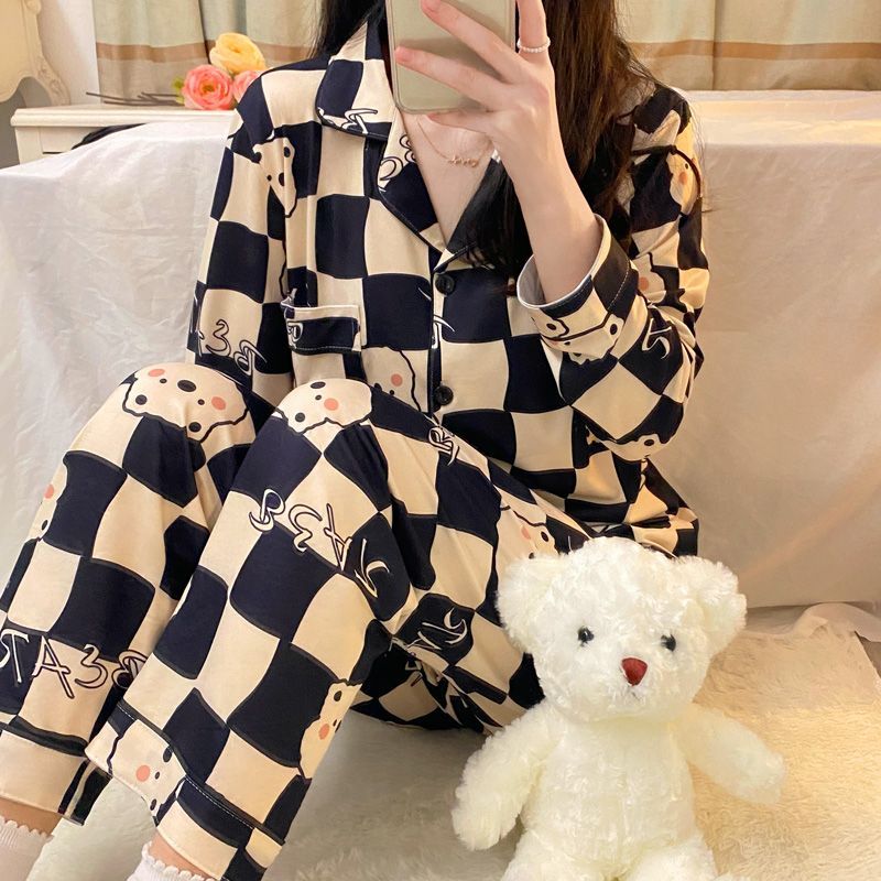 Pajamas women's spring, autumn and winter  new cardigan loose large size student ins wind long-sleeved cute home service suit