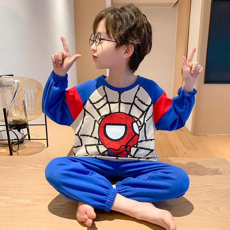 Boys' pajamas pure cotton long-sleeved medium and large children's cartoon cotton autumn children's pajamas boys home clothes set