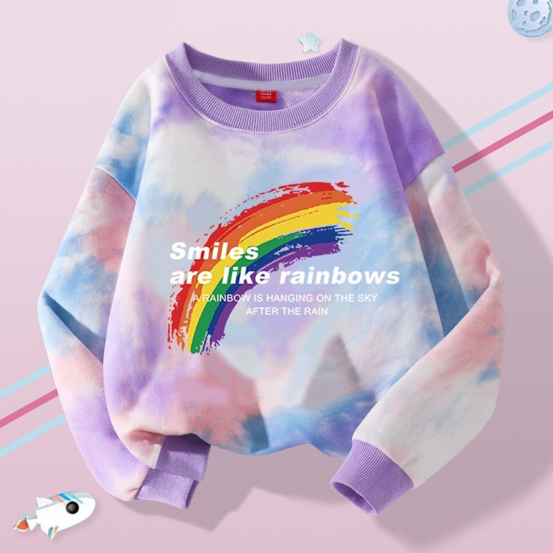 Girls Thin Sweatshirt Spring and Autumn New Fashionable Tie-Dye Autumn Clothing for Girls, Middle and Large Children, Round Neck Long Sleeve Bottoming Shirt