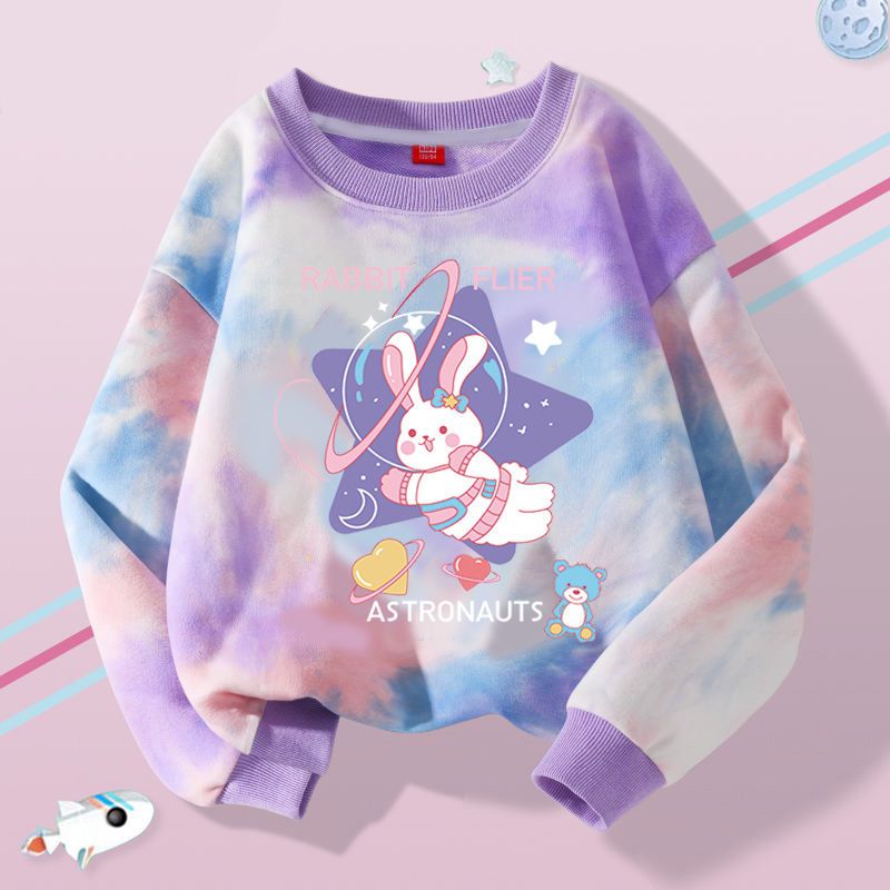 Girls Thin Sweatshirt Spring and Autumn New Fashionable Tie-Dye Autumn Clothing for Girls, Middle and Large Children, Round Neck Long Sleeve Bottoming Shirt