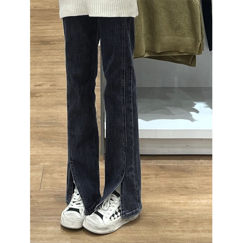 Large size black and gray slit jeans for fat mm women in autumn design niche high waist straight pants ins pants trendy