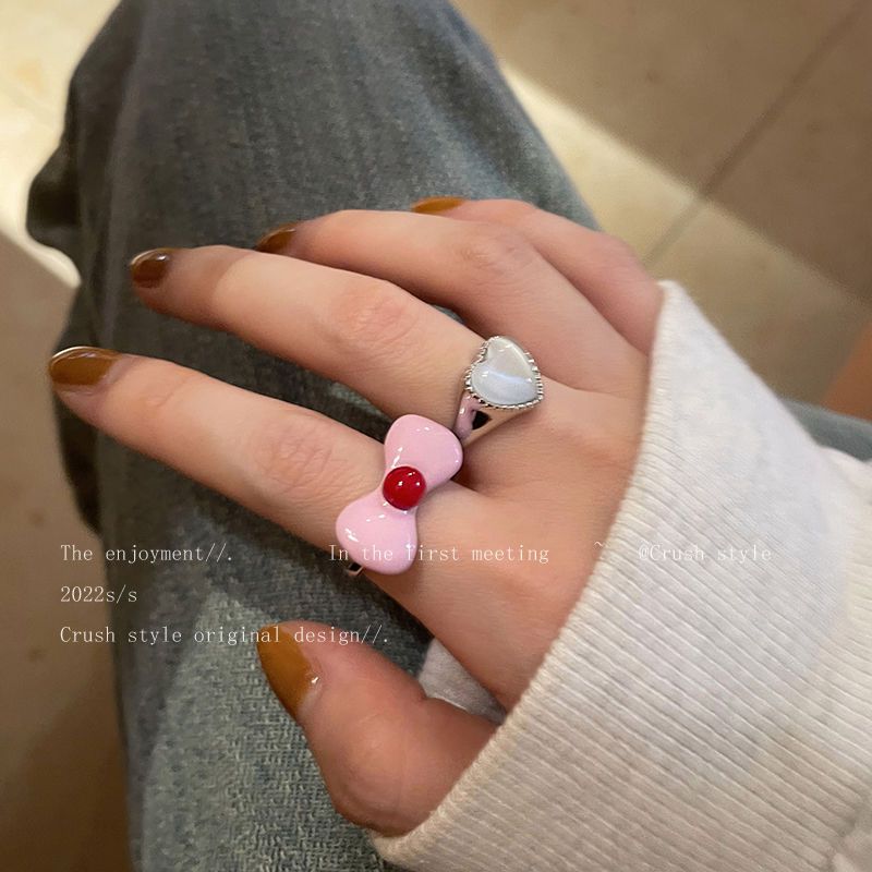 Bow knot love moonstone open ring female summer niche design index finger ring fashion personality adjustable ring