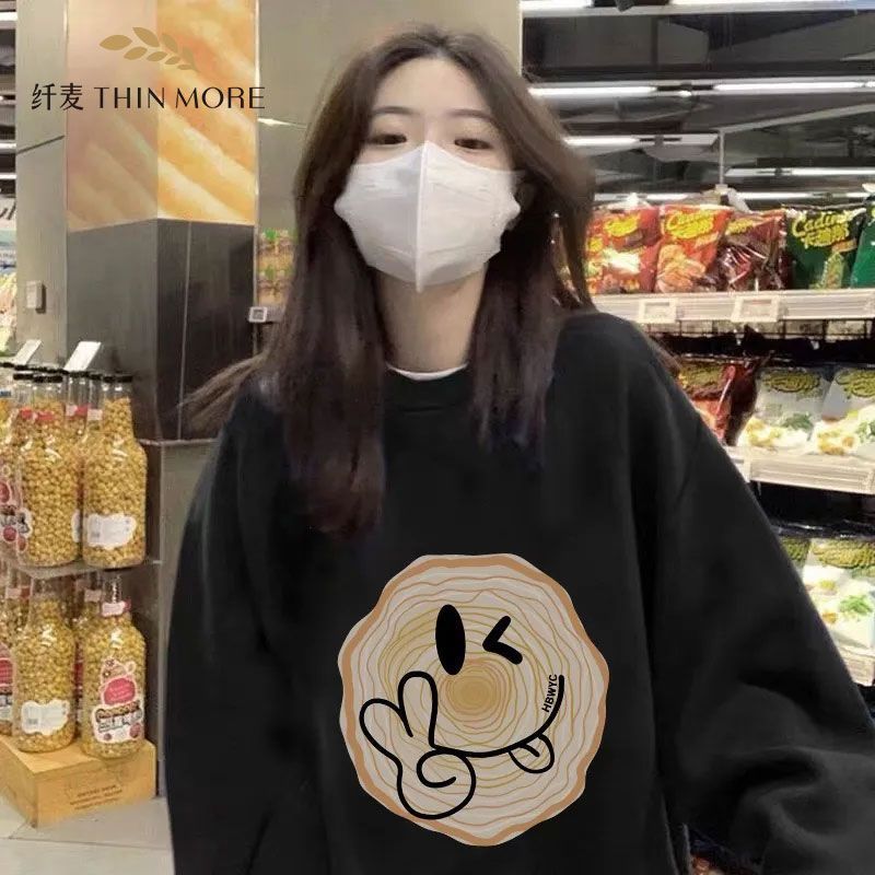 Fiber wheat pure cotton sweatshirt for women 2022 new autumn and winter oversize lazy style silver fox velvet loose round neck top
