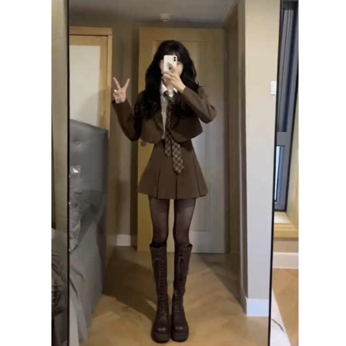 [Two-piece suit] Korean college style brown short suit jacket female + high waist slimming pleated skirt
