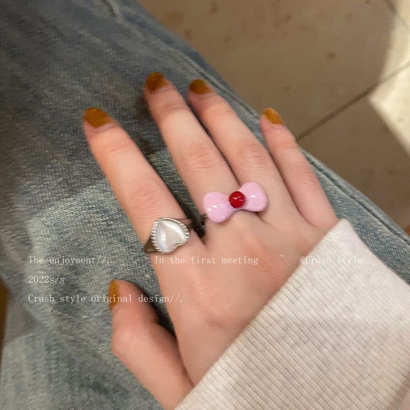 Bow knot love moonstone open ring female summer niche design index finger ring fashion personality adjustable ring
