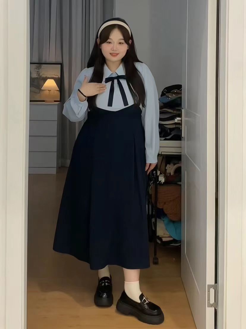 微胖MM初戀系連衣裙女2023年新款設計感小眾撞色襯衫式蝴蝶結裙子