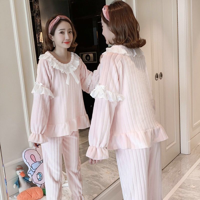秋冬季珊瑚絨睡衣女加厚加絨家居服春秋公主風少女法蘭絨保暖套裝