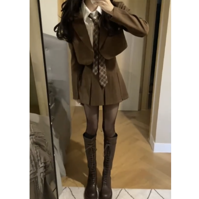 [Two-piece suit] Korean college style brown short suit jacket female + high waist slimming pleated skirt