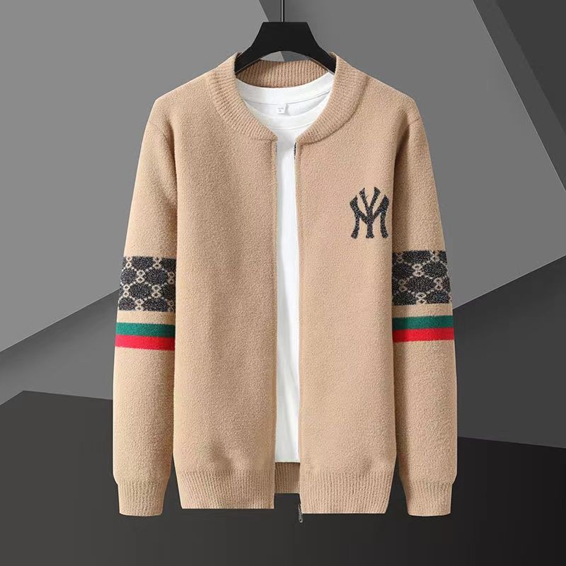 Autumn and winter sweater men's new men's coat cardigan knitted loose pocket plaid solid color thickened sweater youth