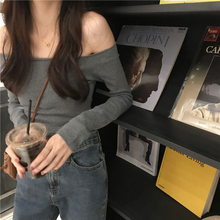 露鎖骨一字肩打底衫女秋季新款長袖T恤小眾設計修身顯瘦純欲上衣