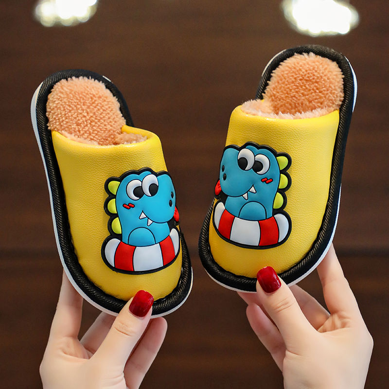 Children's cotton slippers waterproof male cartoon small, medium and large boys and girls indoor furry slippers autumn and winter plus velvet to keep warm